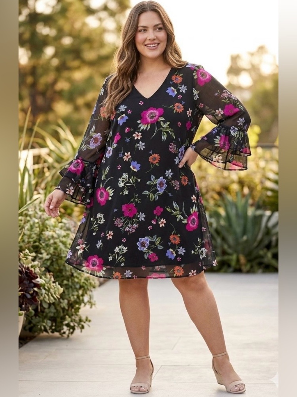 XL Calvin Klein Black Mini Dress with Pink, Purple & Orange Floral Print